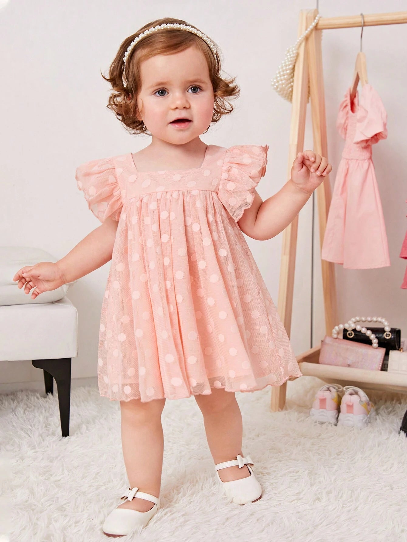 Baby Girl'S Sweet Polka Dot Mesh Dress with Square Neckline and Short Flutter Sleeves
