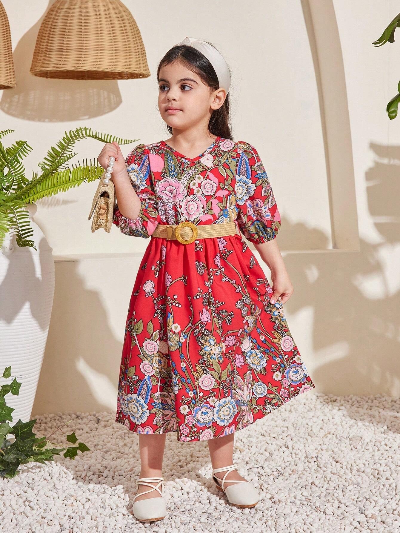 Young Girl Floral Printed V-Neck Puff Sleeve Dress