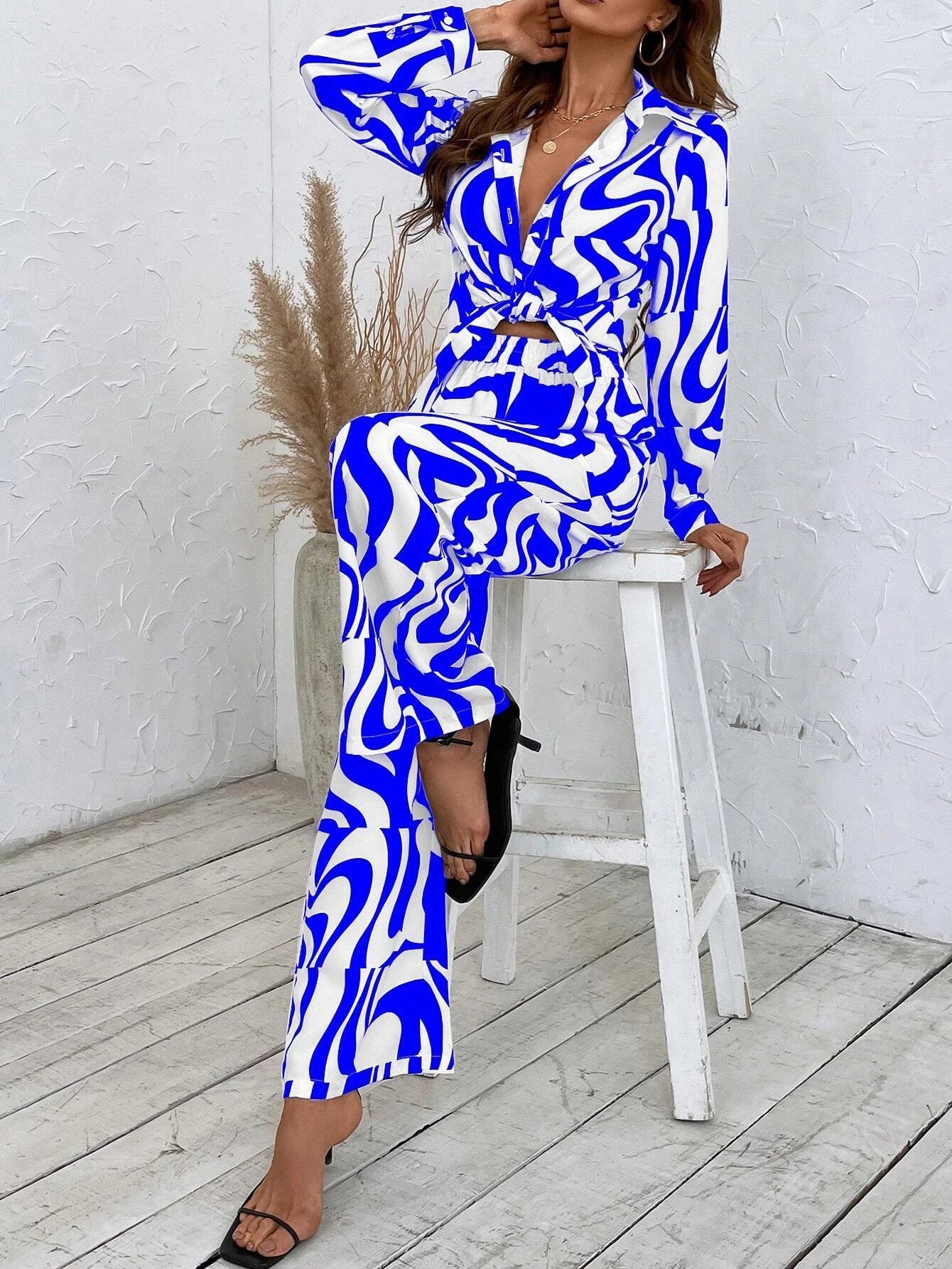VCAY Allover Print Drop Shoulder Shirt & Wide Leg Pants