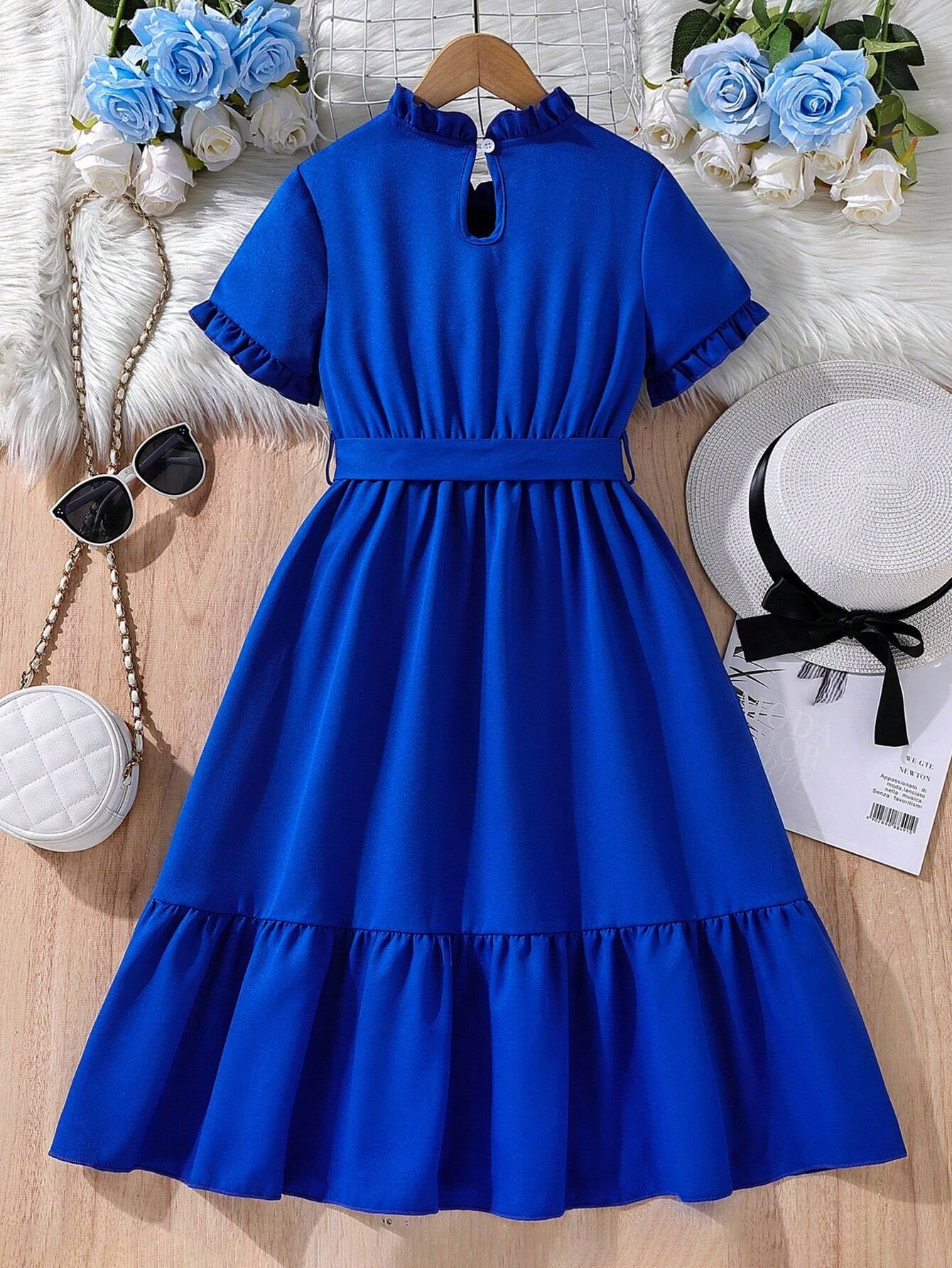Tween Girl Frill Trim Ruffle Hem Belted Dress