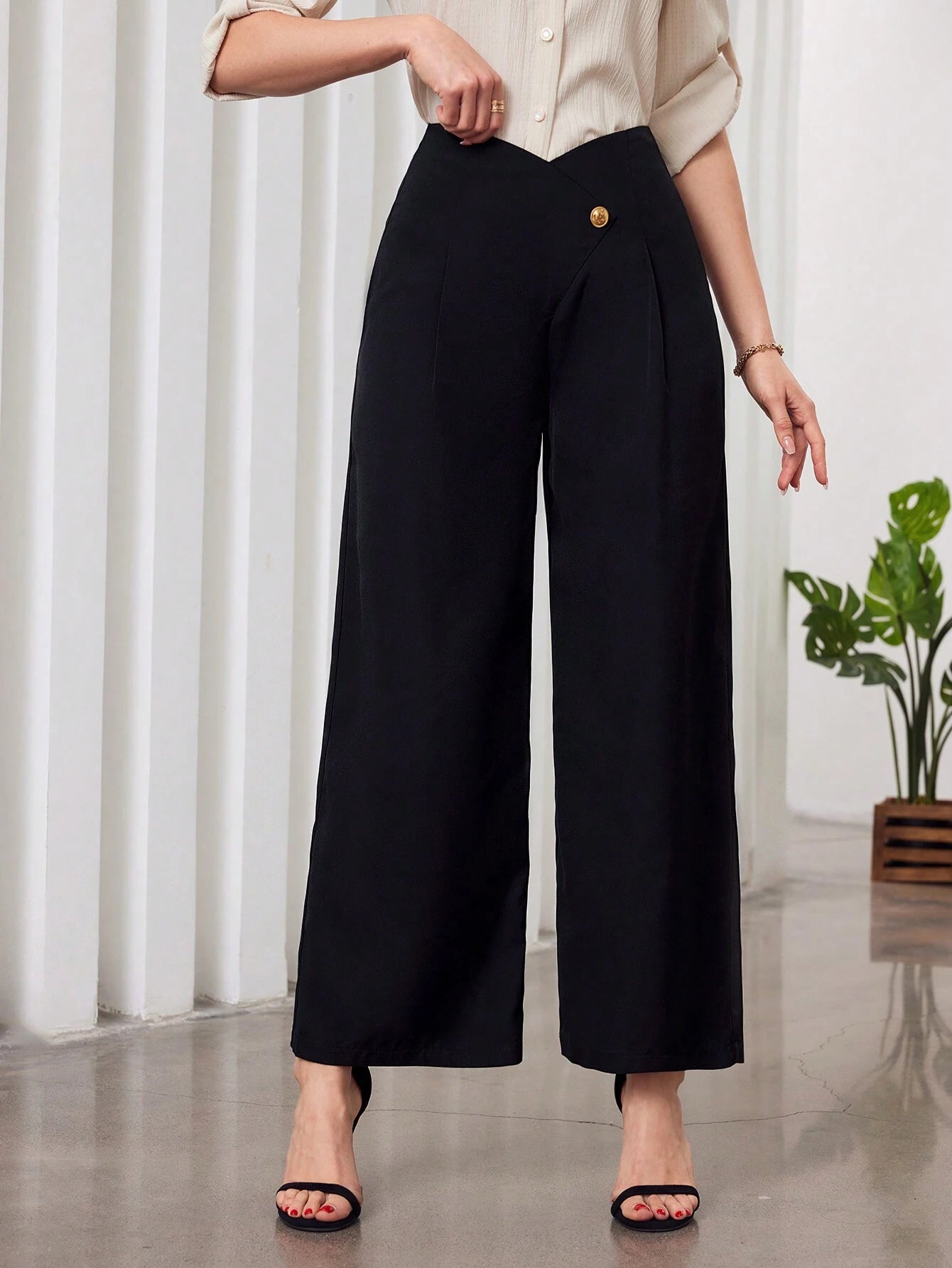 Modely Solid Color High-Waist Wide Leg Pants