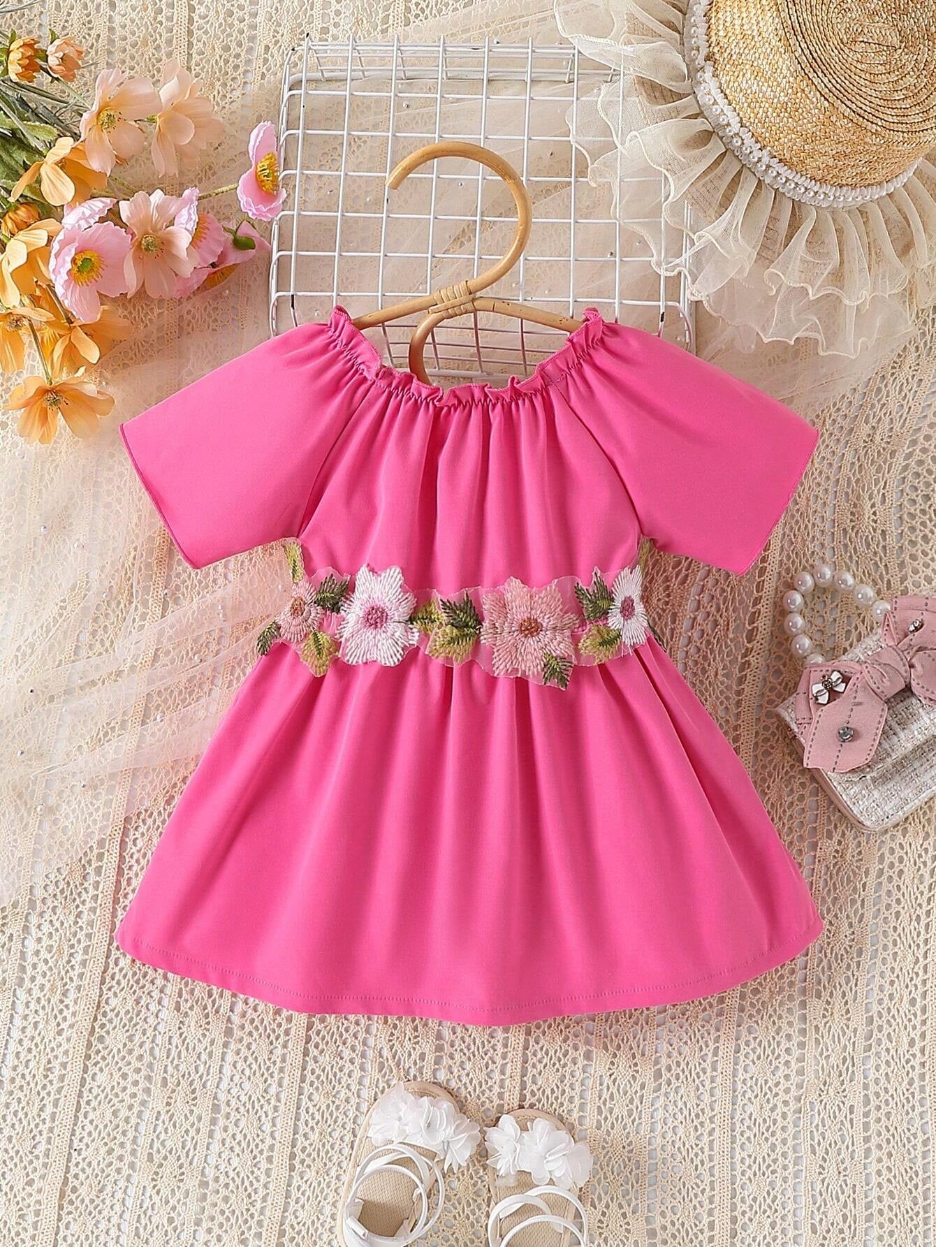 Baby Girl Floral Appliques Frill Trim off Shoulder Dress