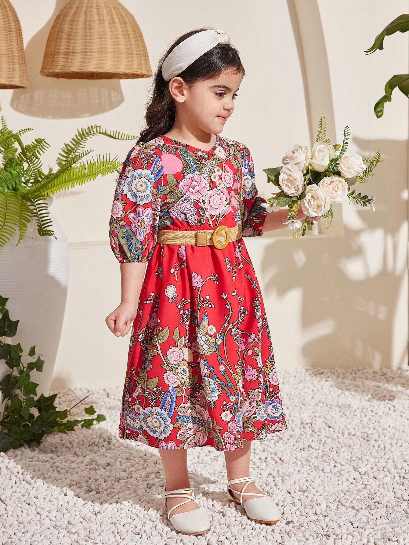 Young Girl Floral Printed V-Neck Puff Sleeve Dress