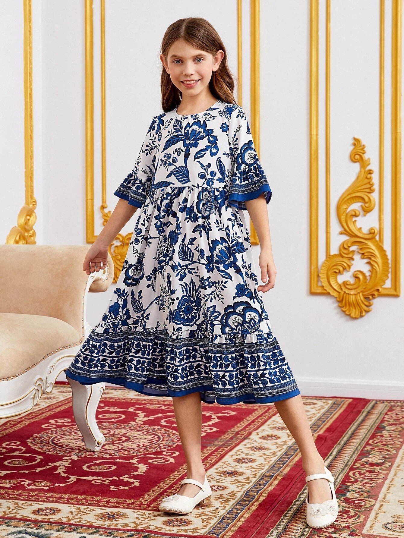 Tween Girl Floral Print Flounce Sleeve Ruffle Hem Dress