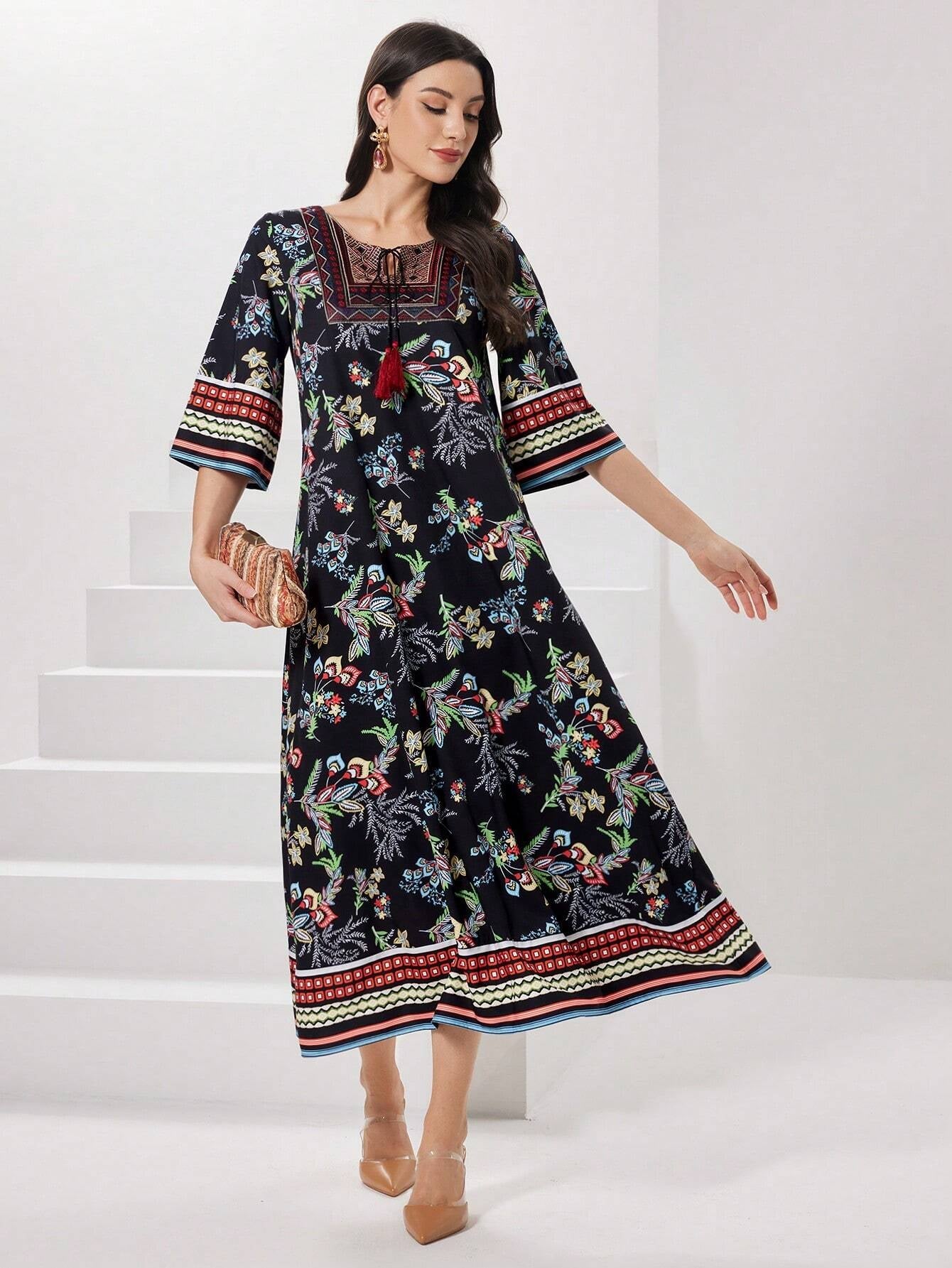 Najma Women'S Floral Printed Arabian Style Dress with Bell Sleeves