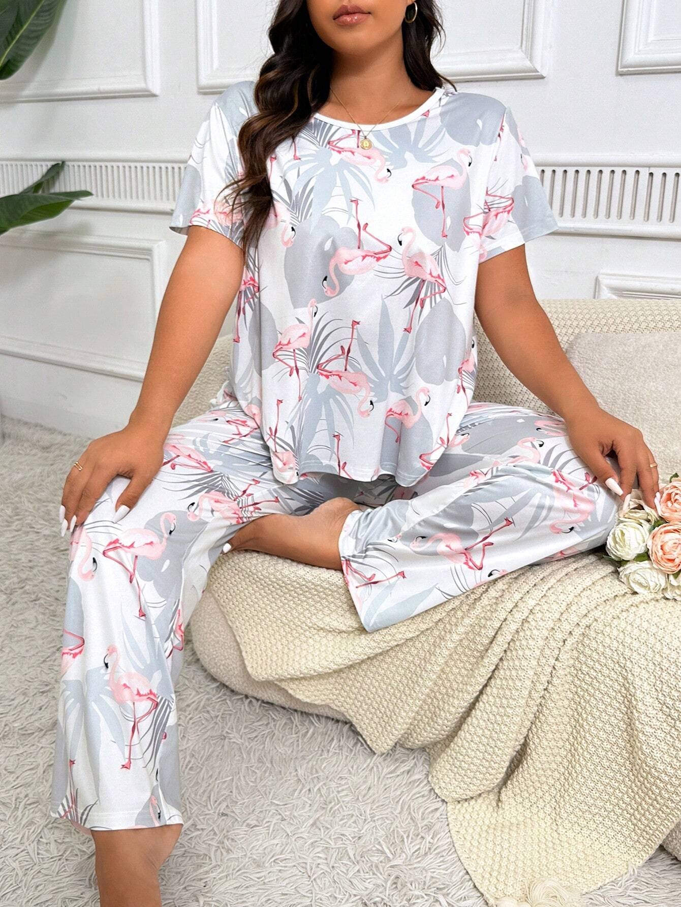 Flamingo plus Size Women Summer Short Sleeve Top and Pants Homewear Set