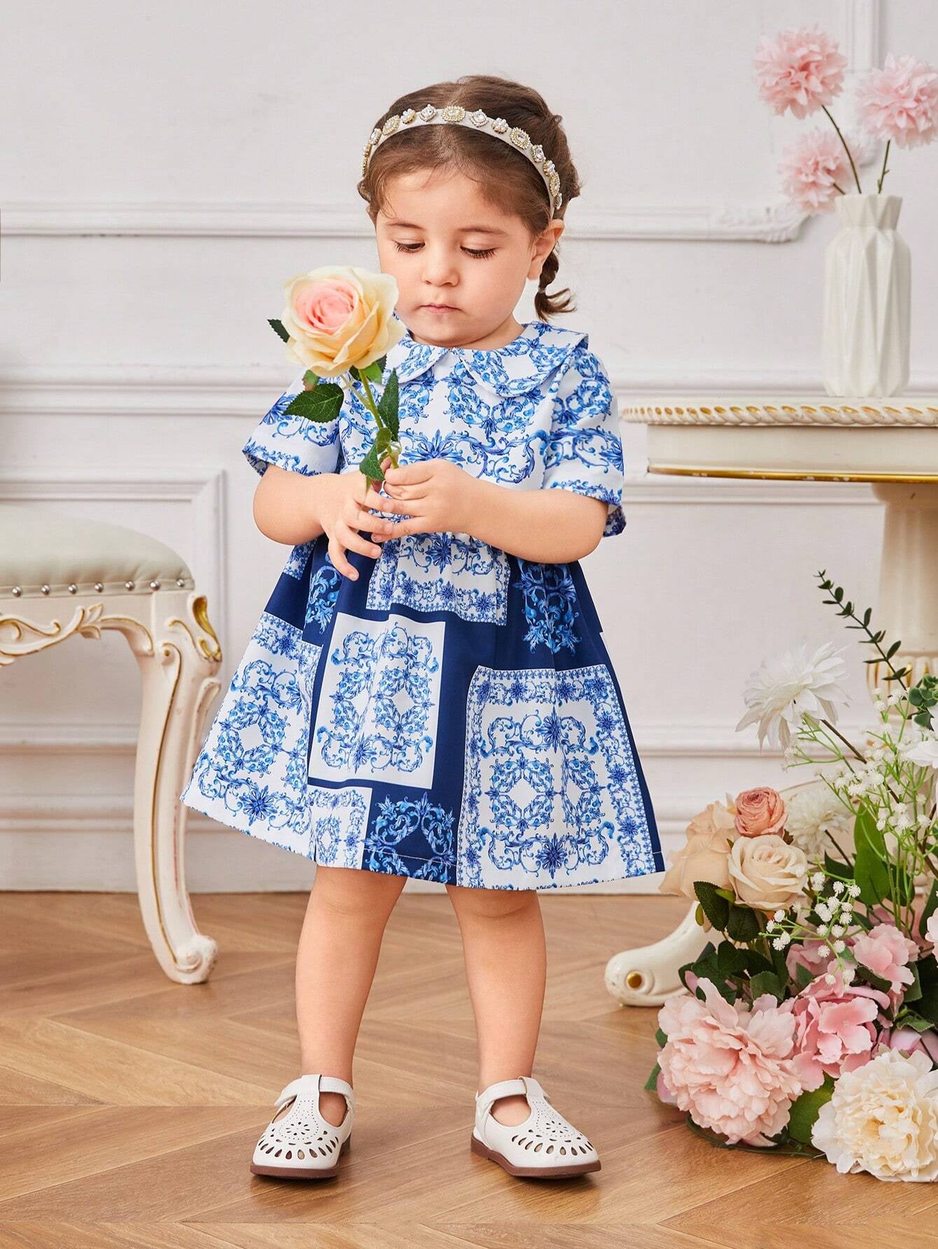 Baby Girls' Elegant Palace-Style Doll Collar Printed Dress, Suitable