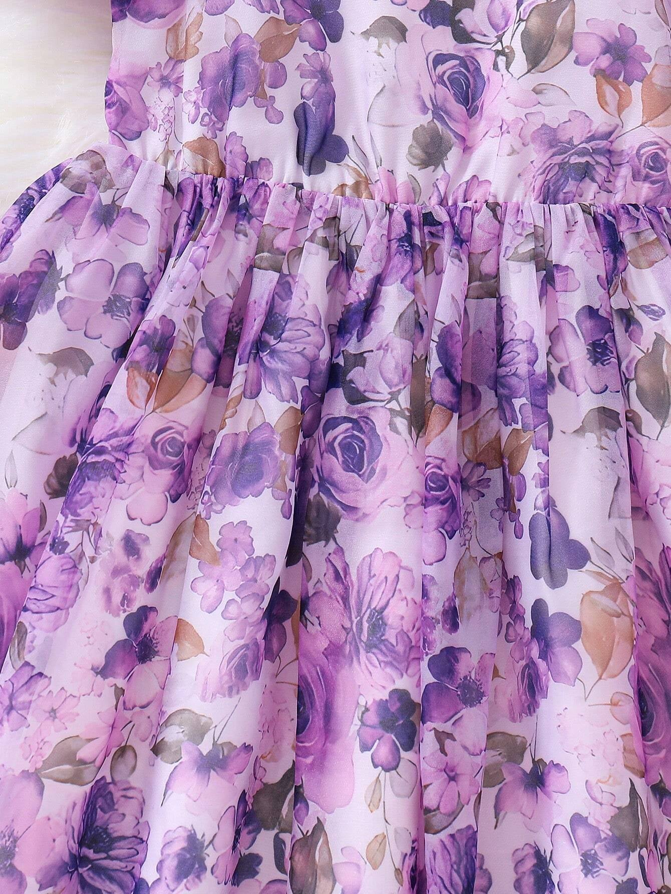 Young Girls' Summer Flower Print Dress, Purple Floral Princess Dress with Puff Sleeves