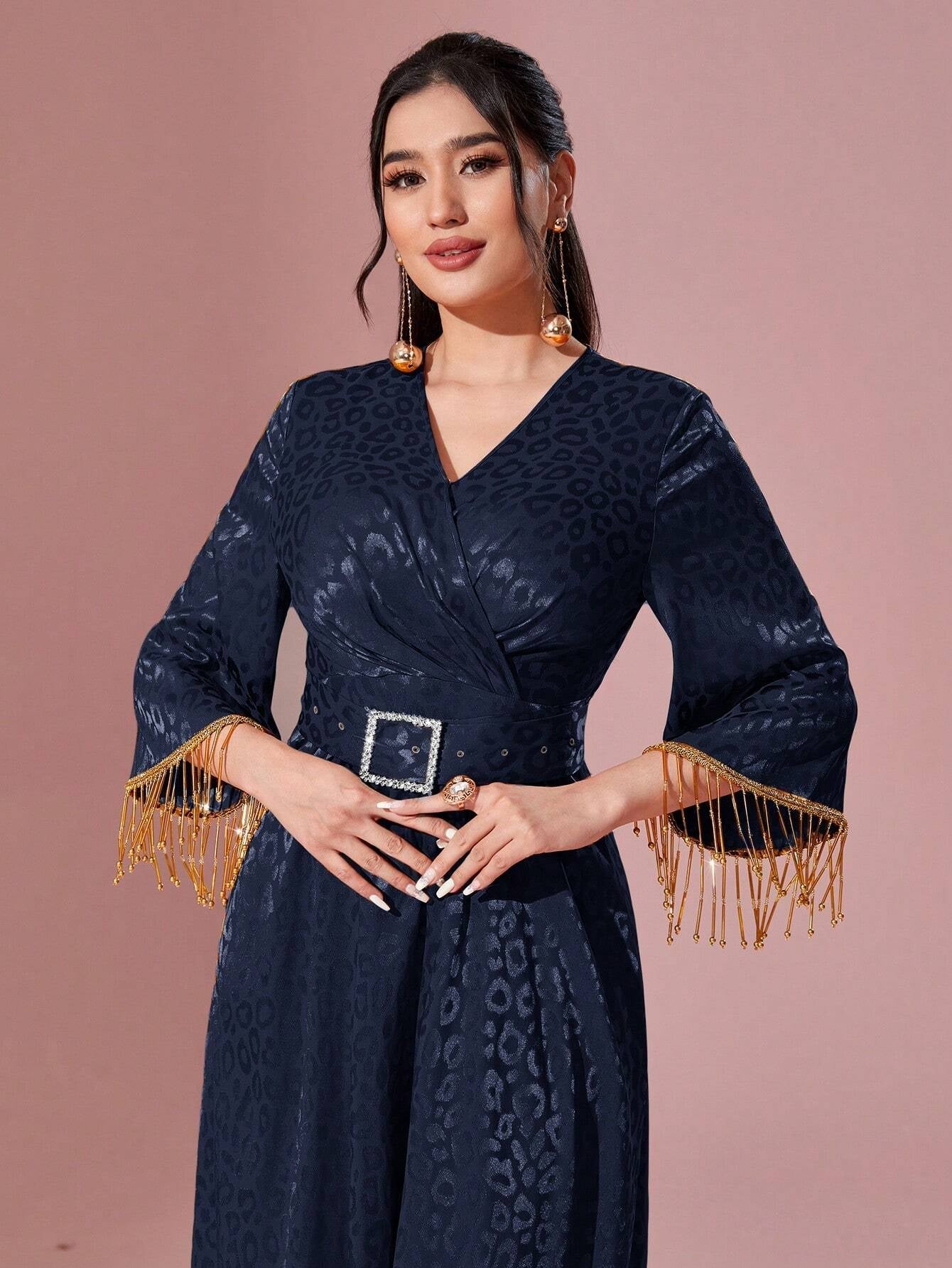 Modely Leopard Jacquard Fringe Trim Belted Dress