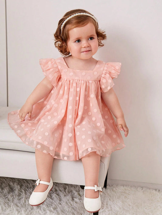 Baby Girl'S Sweet Polka Dot Mesh Dress with Square Neckline and Short Flutter Sleeves