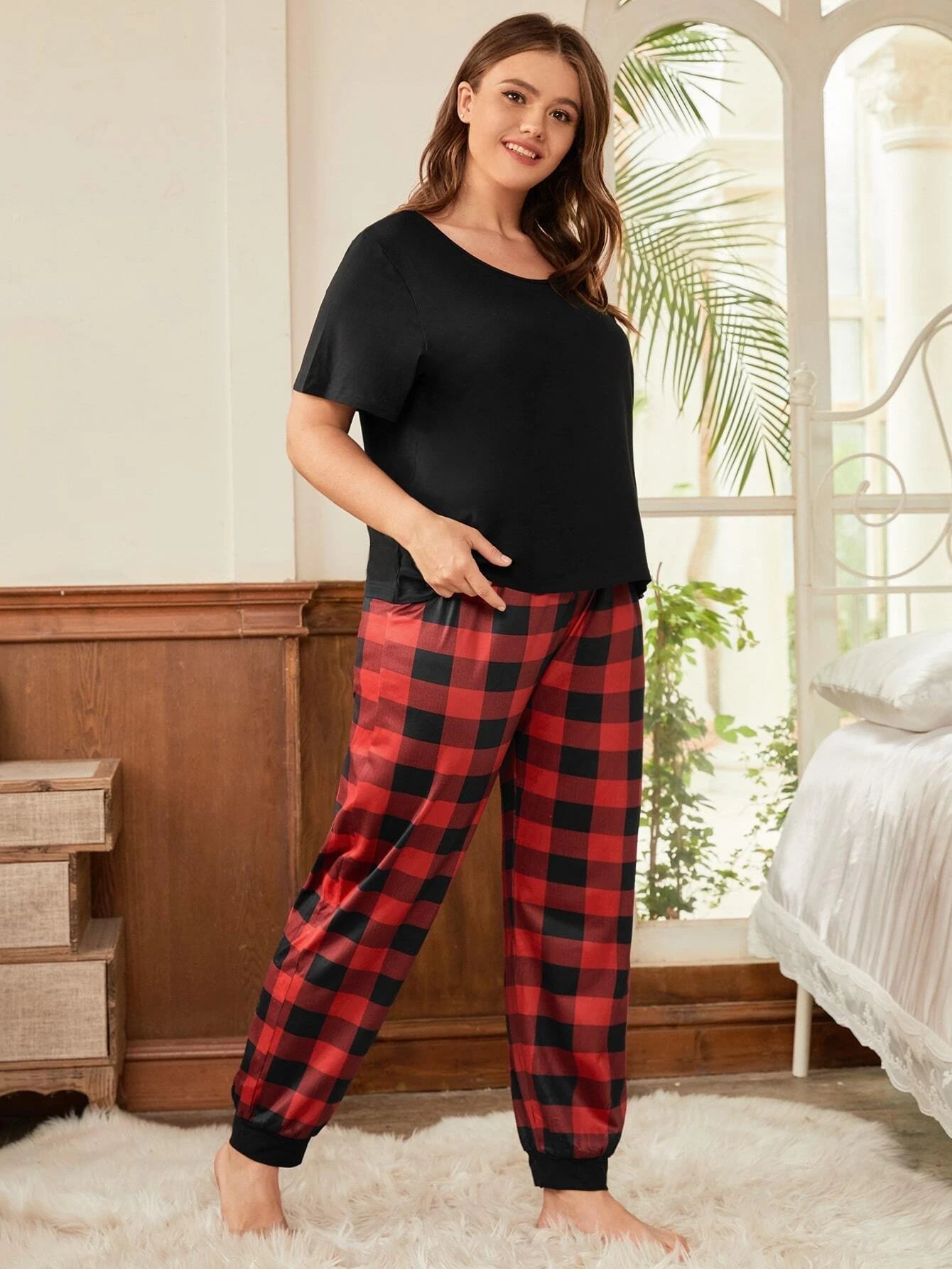 Plus Heart Print Tee & Buffalo Plaid Pants PJ Set