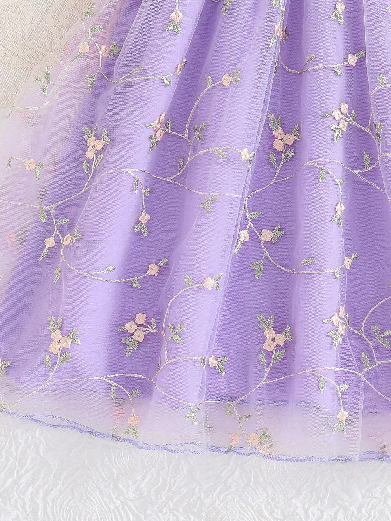 Young Girls' Mesh Embroidery Dress with Ruffle Hem