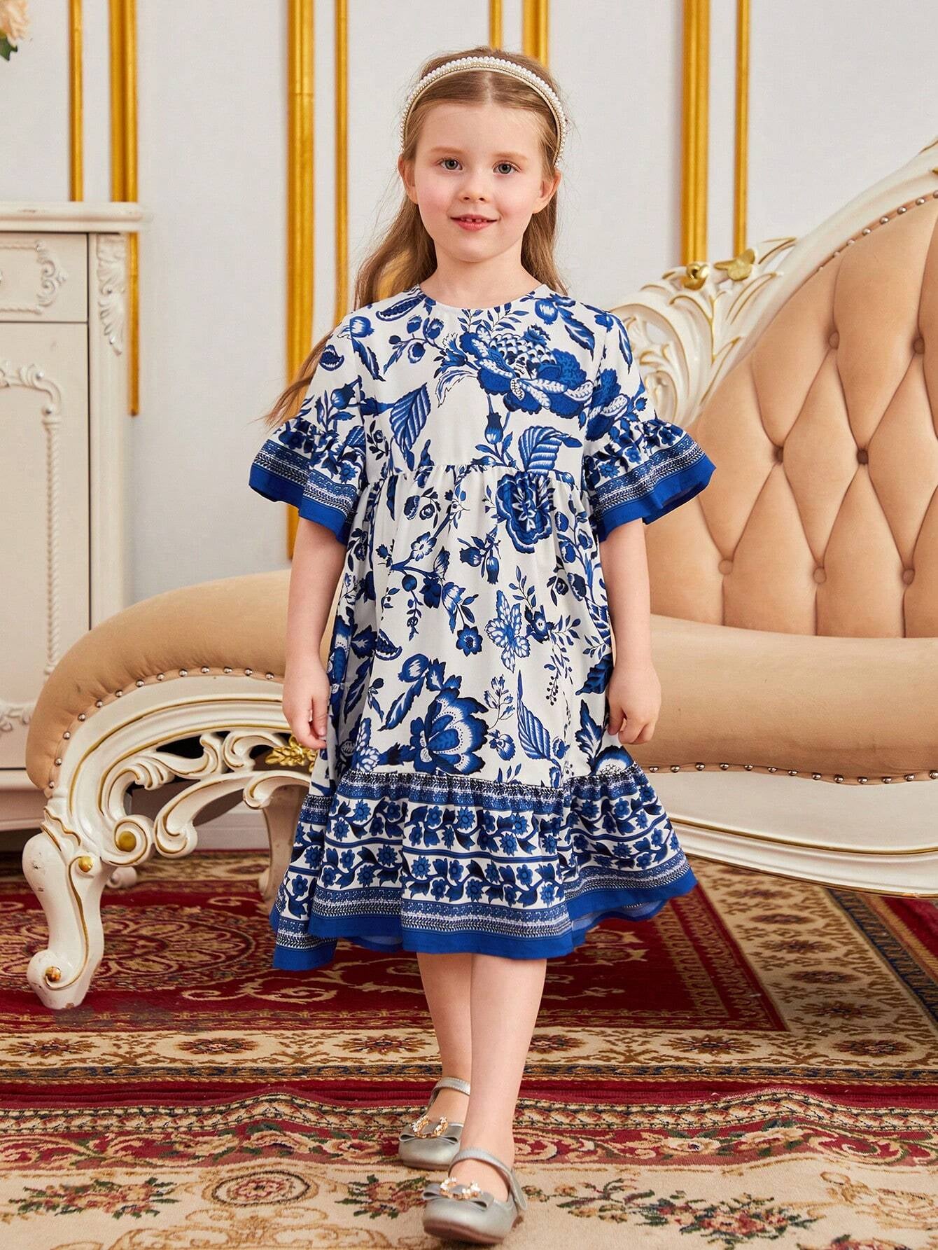 Young Girl Floral Print Flounce Sleeve Ruffle Hem Smock Dress