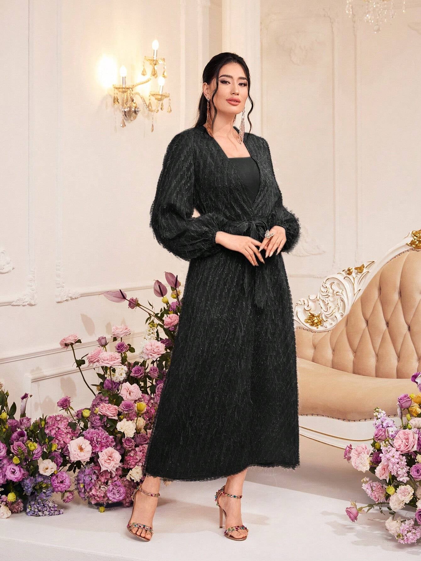 Modely Ladies' Monochrome Spaghetti Strap Dress and Furry Lantern Sleeve Jacket, 2Pcs/Set
