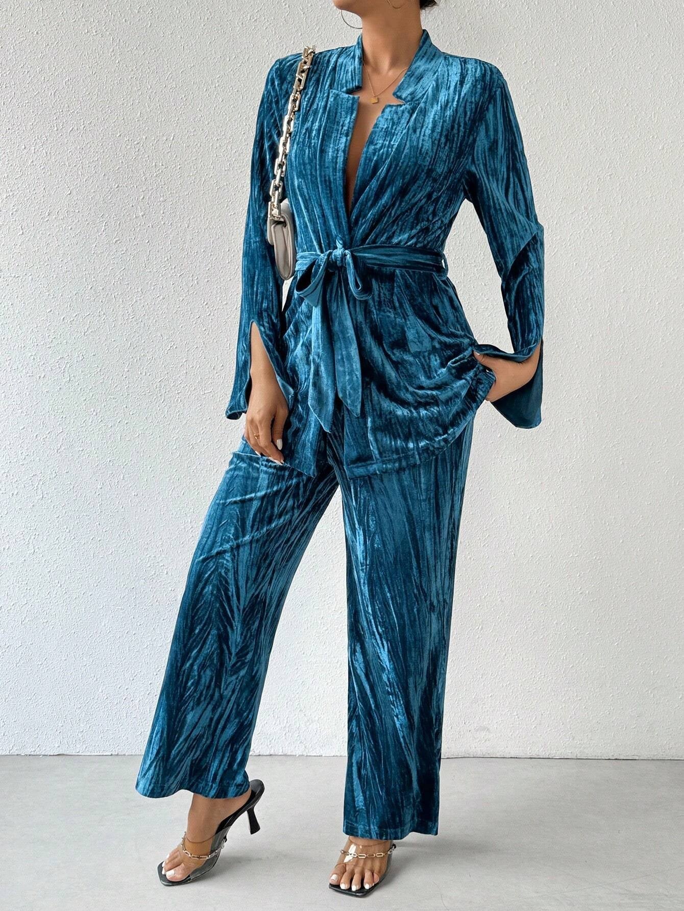 Privé Pleated Velvet Stand Collar Belted Coat and Pants Set