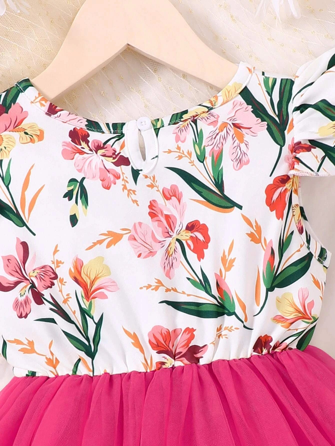 Young Girl Floral Print Contrast Mesh A-Line Dress