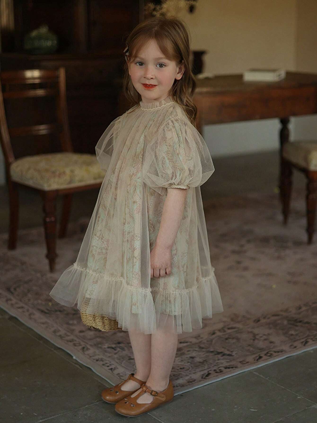 Young Girls' Vintage Floral Patchwork Mesh Bubble Sleeve Dress with Print, Casual Style