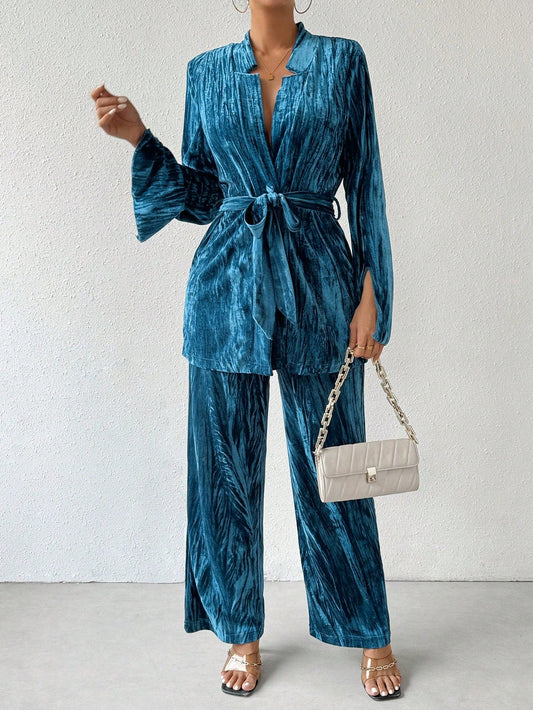 Privé Pleated Velvet Stand Collar Belted Coat and Pants Set