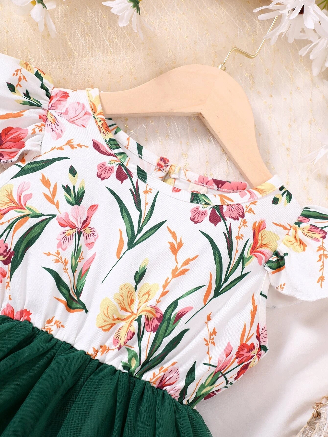 Young Girl Floral Print Contrast Mesh A-Line Dress