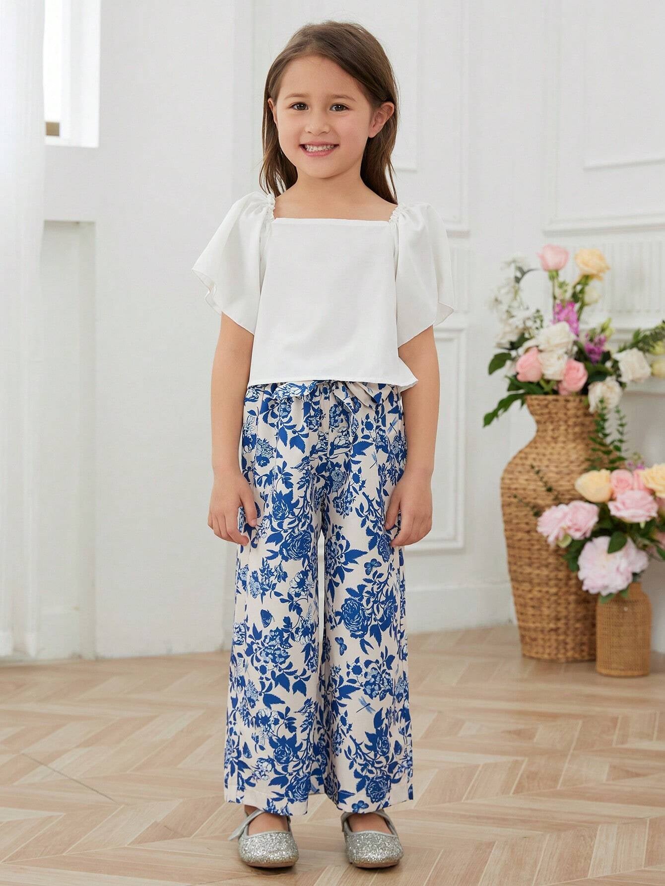 Young Girls' Lace Trimmed Top and Floral Printed Wide Leg Pants Two Piece Set