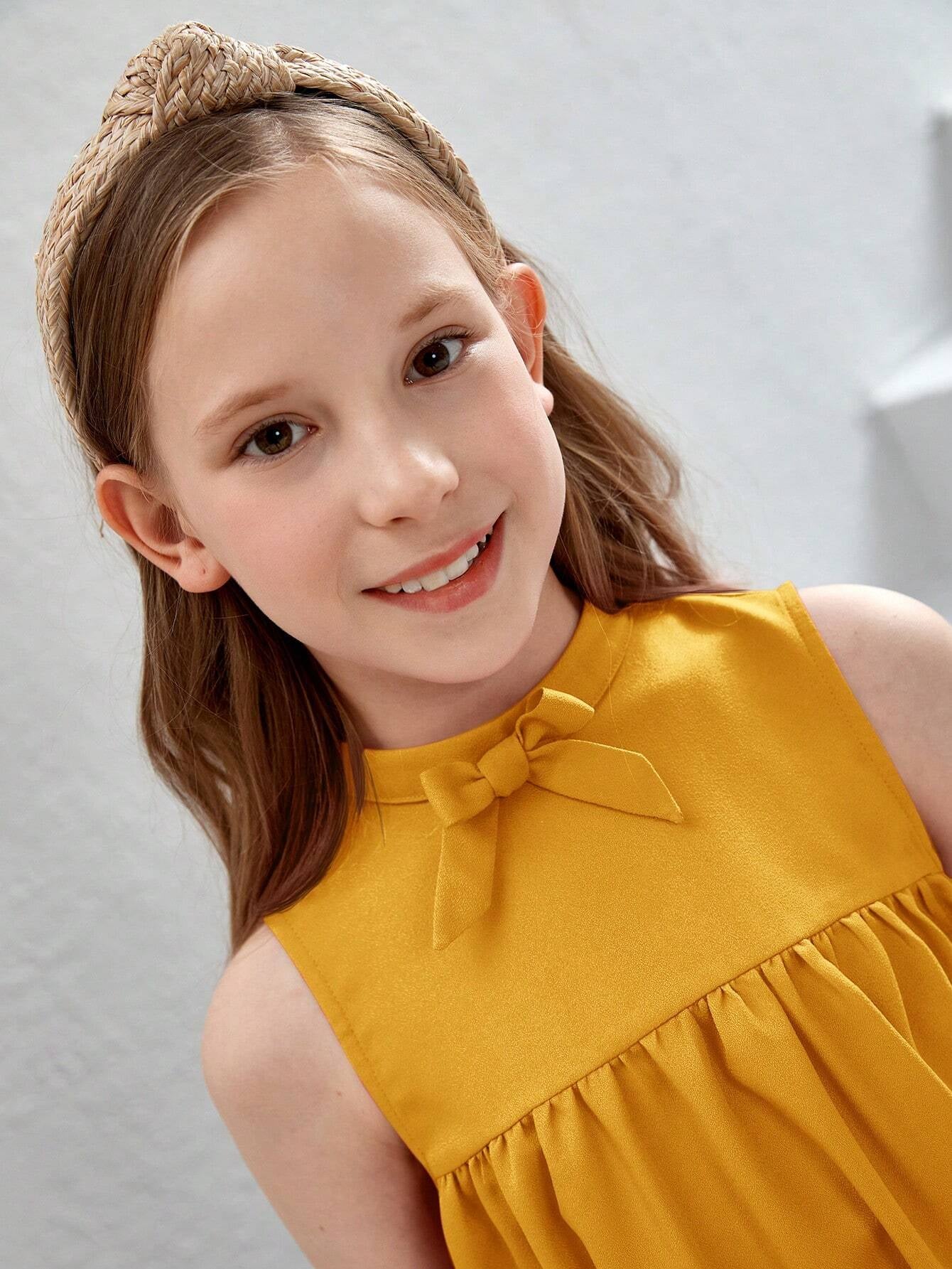Tween Girl'S Woven Burn-Out Waves Printed Sleeveless Dress with Ruffle Stand Collar, Perfect for Vacation