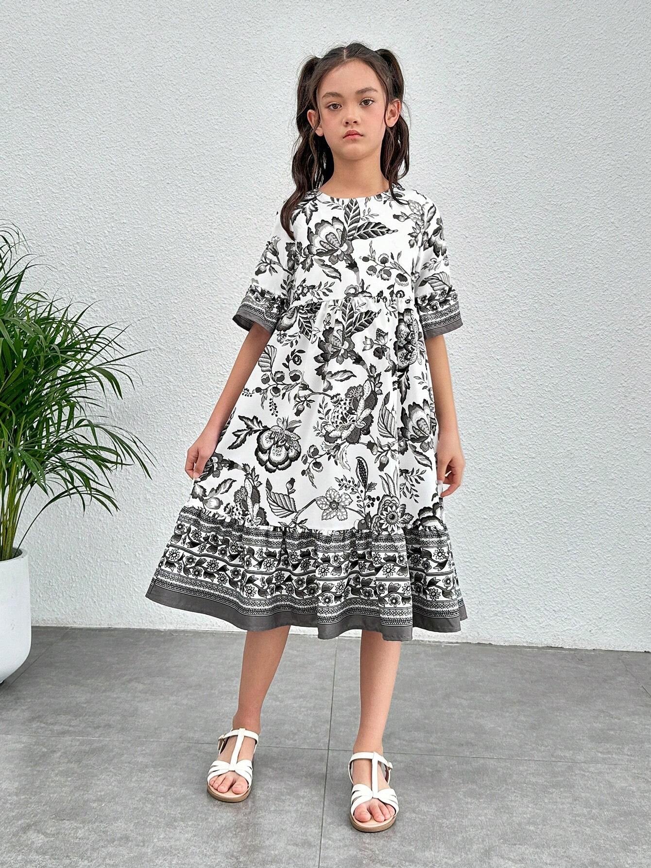 Tween Girl Floral Print Flounce Sleeve Ruffle Hem Dress