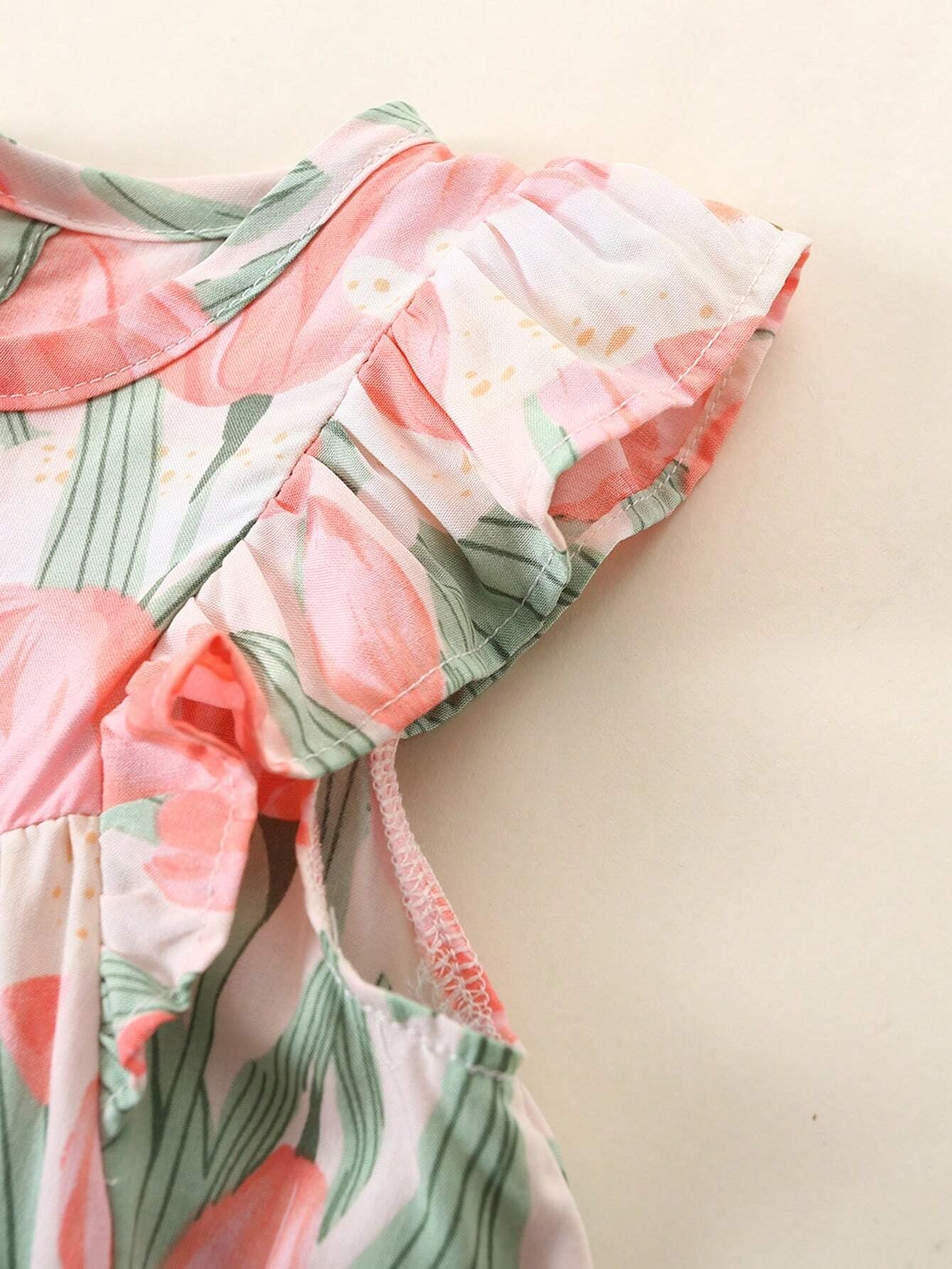 Baby Girl'S Full Print Floral Dress with Ruffled Hem and Headband