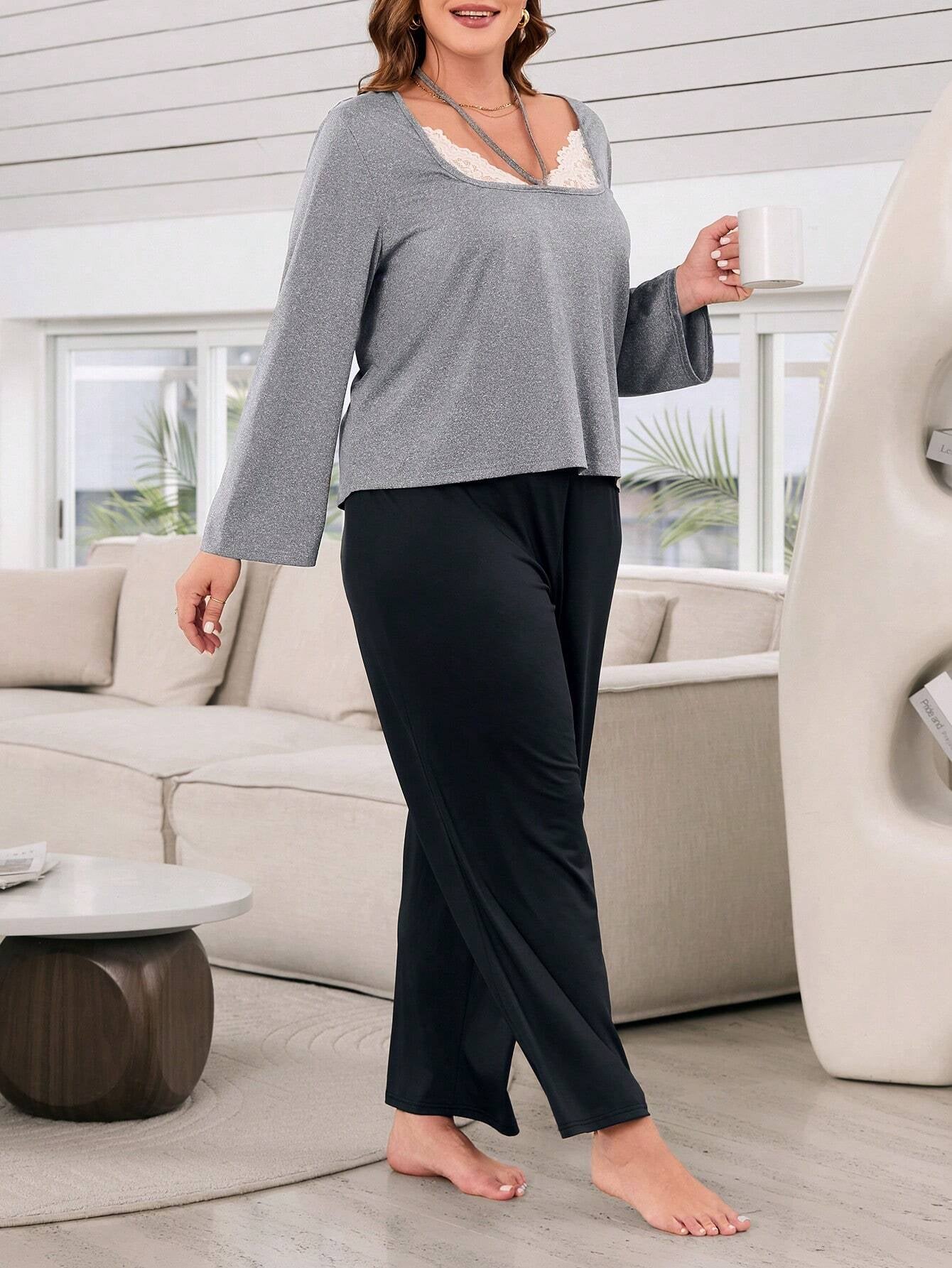 Women'S plus Size Grey Lace Decor Hanging Neck Decor Long Sleeve Long Pants Pajamas Set