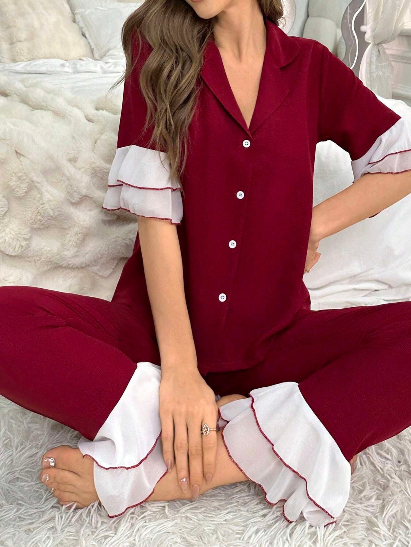 Women'S Two-Piece Sleepwear Set with Color Block Flounce Sleeve Top and Flare Pants