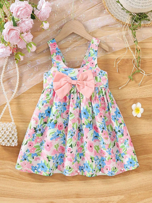 Baby Girls' Summer Sleeveless Dress with Floral Print, Butterfly Bowknot Decor