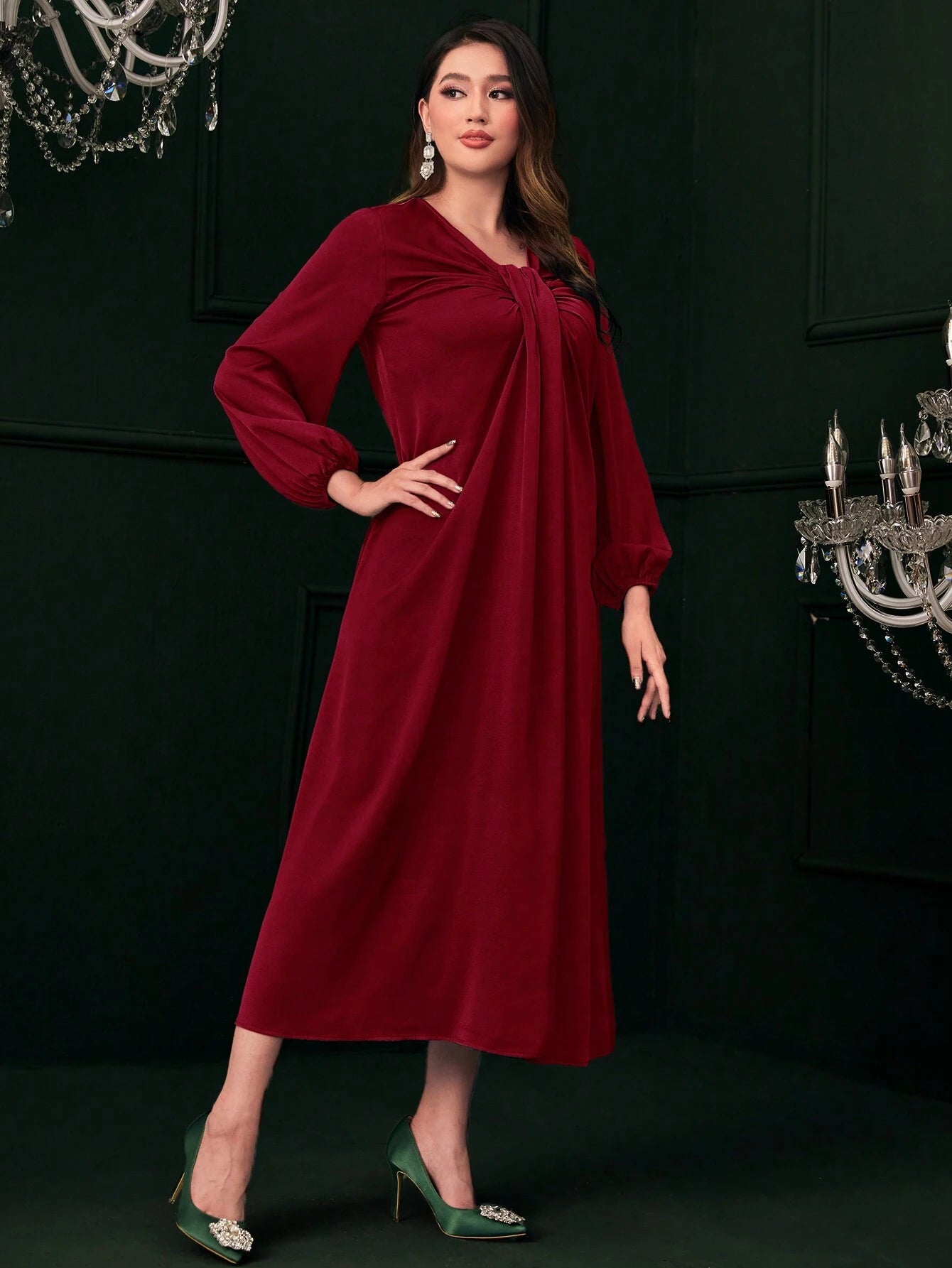 Mulvari Ruched Front Lantern Sleeve Dress