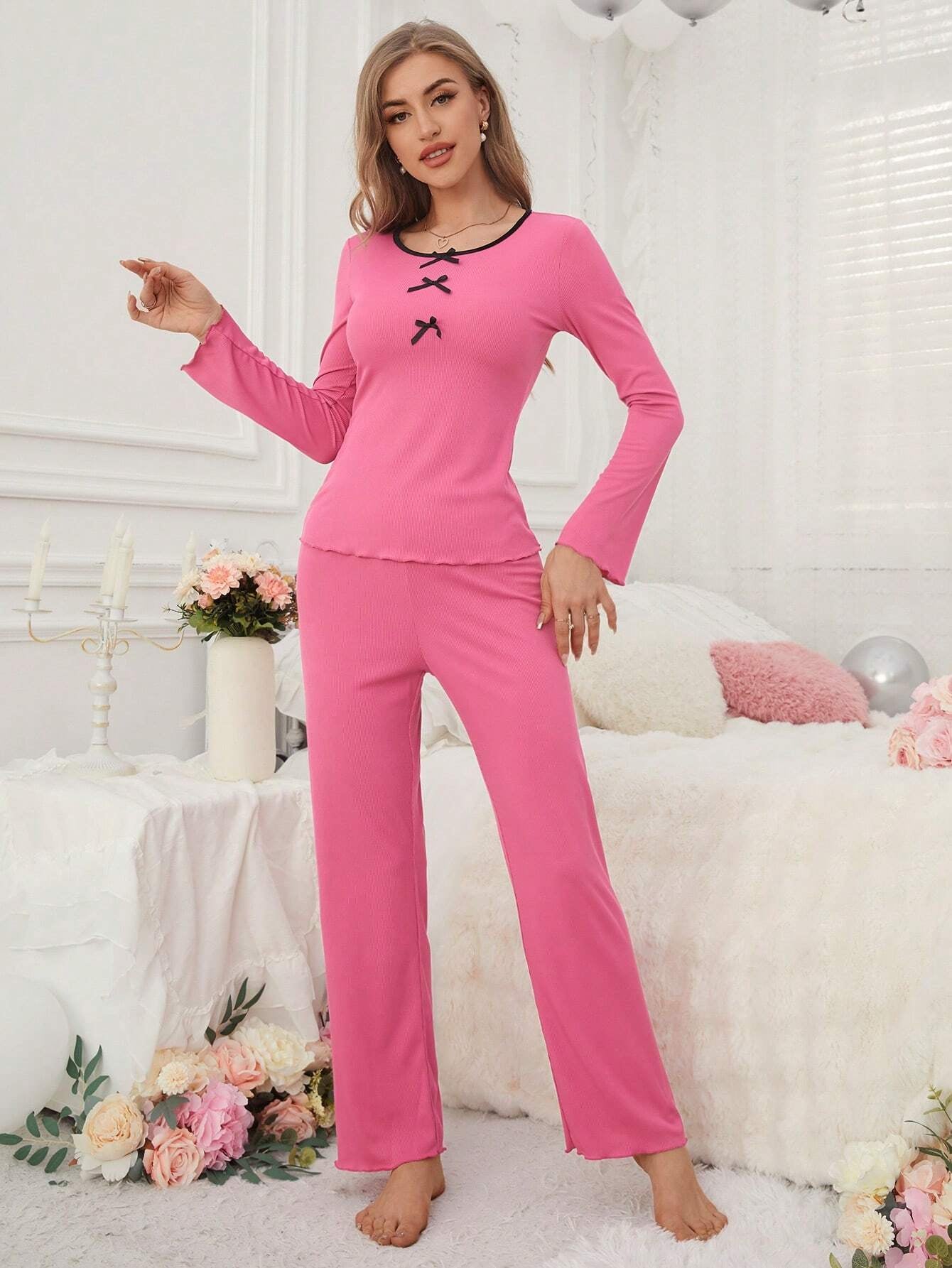 Women'S Bow Decorated Lettuce Hem Home Wear Set