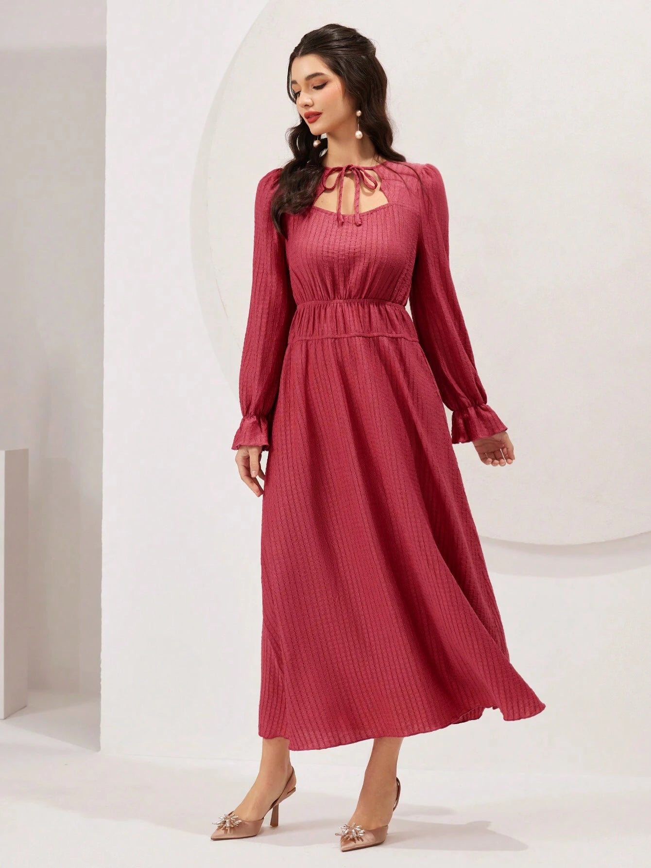 Mulvari Ladies' Solid Color Tie Neck Ruffled Sleeve Dress