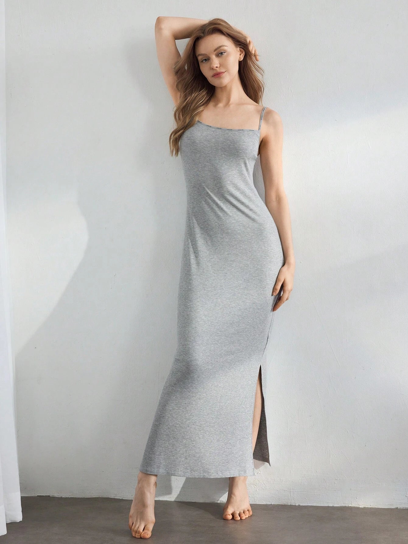 Leisure Summer Casual Solid Color Sleeveless Long Home Dress with Side Slit, Slim Fit