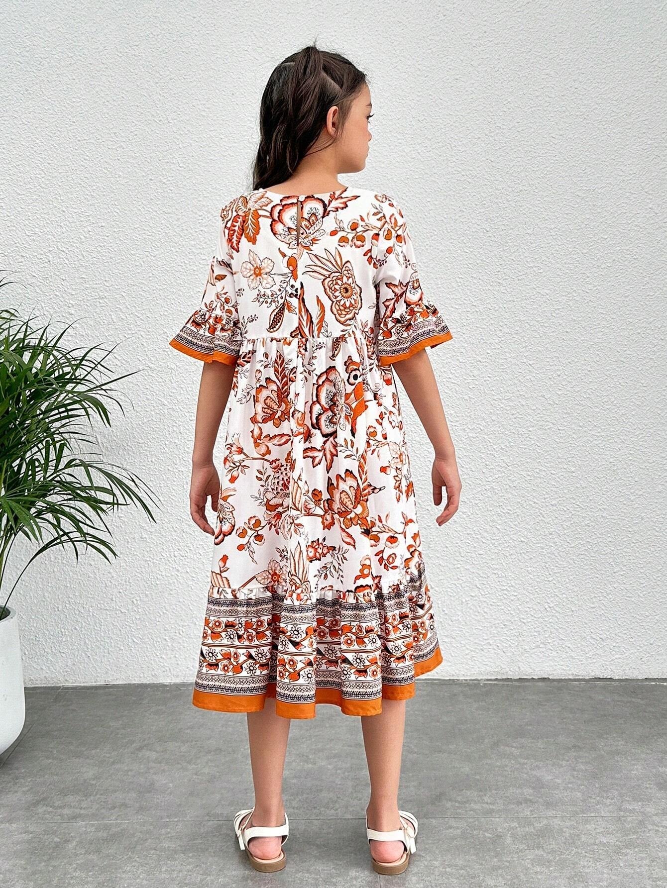 Tween Girl Floral Print Flounce Sleeve Ruffle Hem Dress