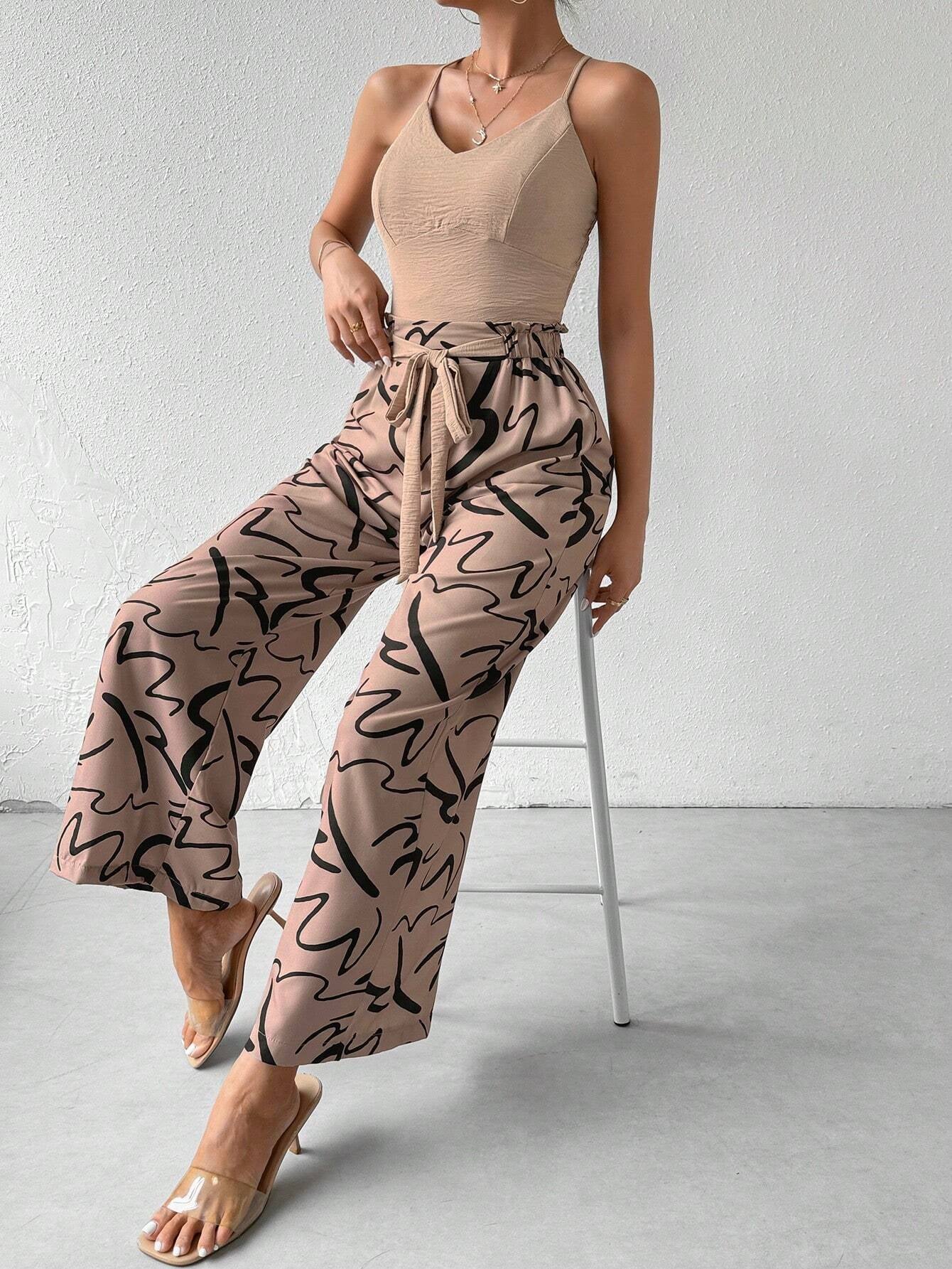 Privé Women'S Pure Color Textured Camisole Top and Printed Wide Leg Pants Set