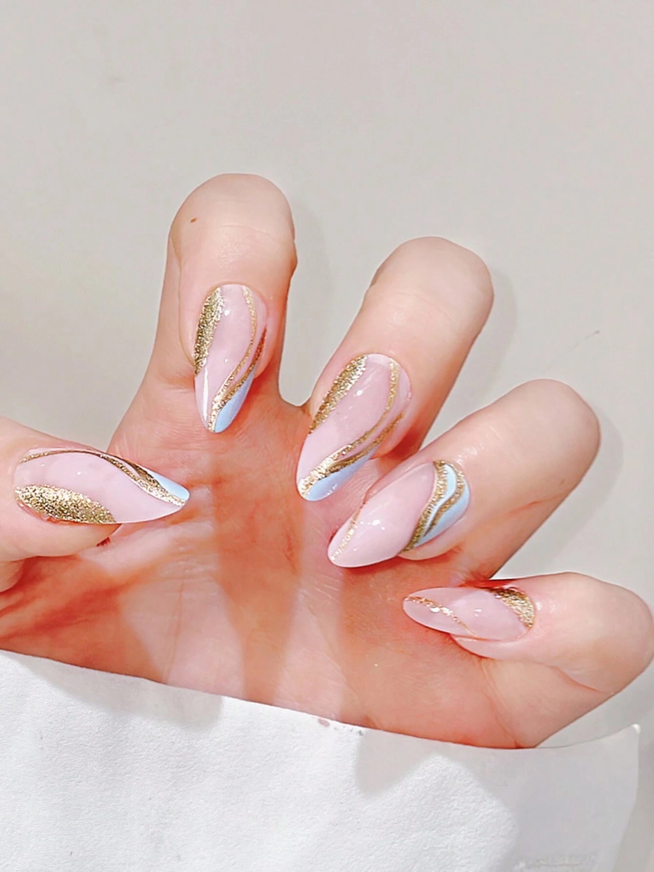 Get Glamorous with 24Pcs Long Almond Golden Line Glitter Fake Nail & 1Pc Nail File & 1Sheet Nail File