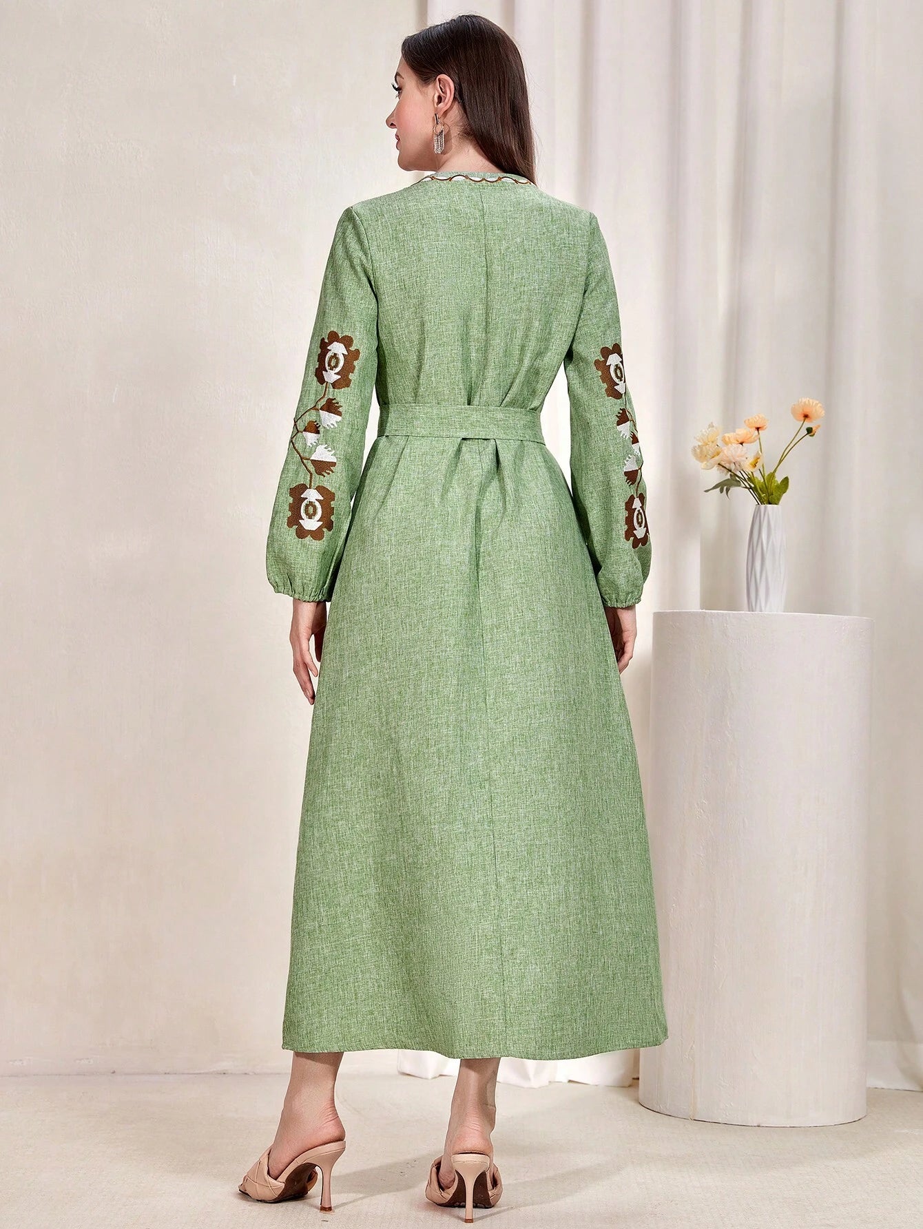 Najma Graphic Embroidery Notched Neckline Belted Dress