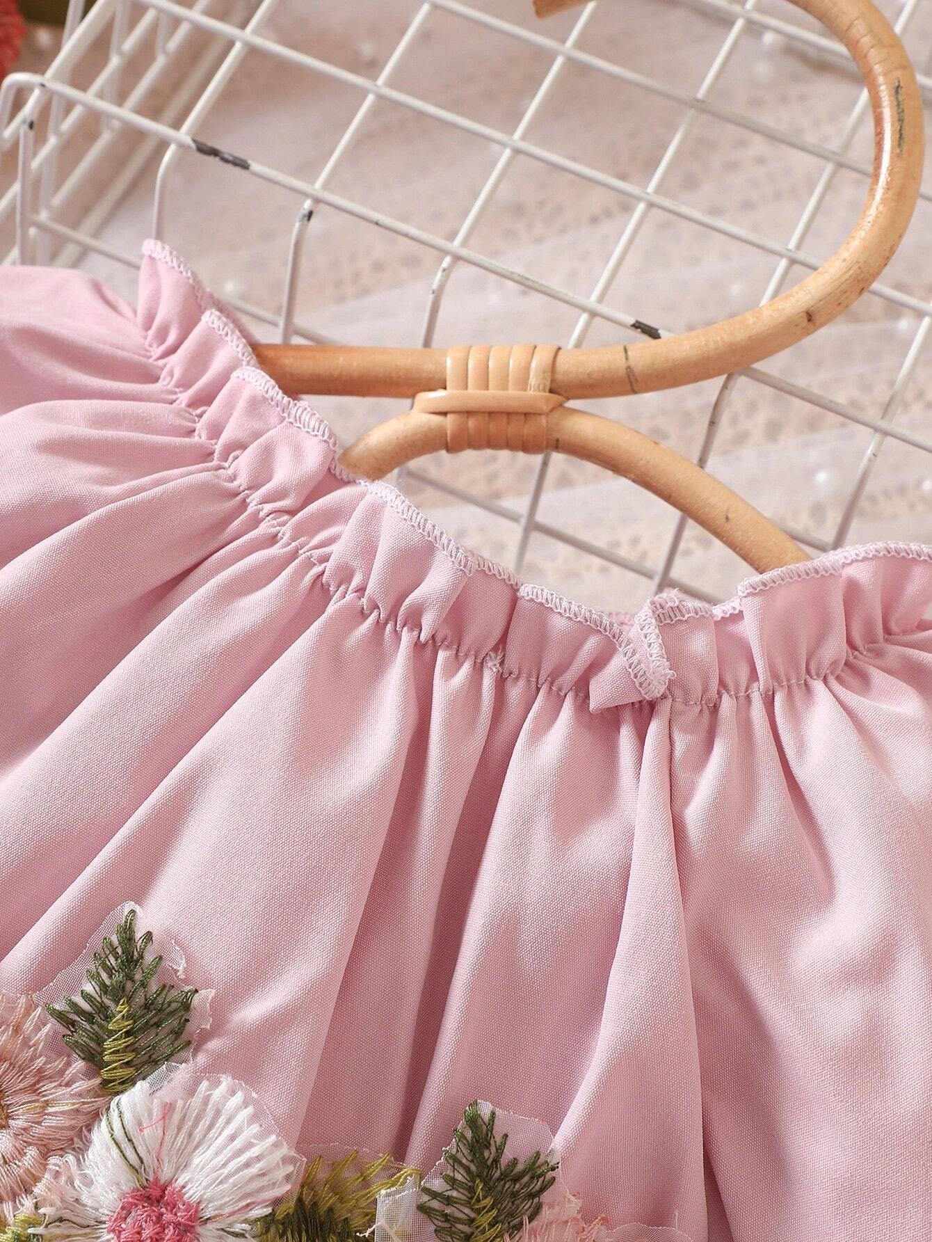 Baby Girl Floral Appliques Frill Trim off Shoulder Dress