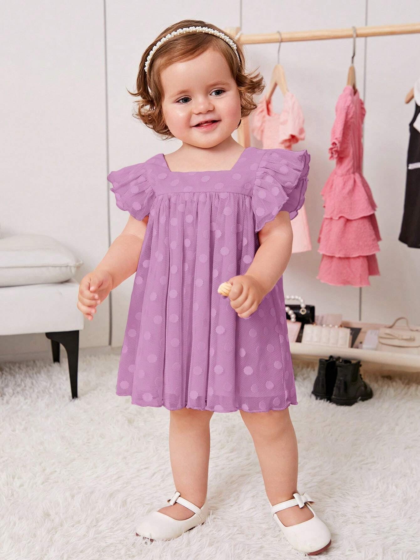 Baby Girl'S Sweet Polka Dot Mesh Dress with Square Neckline and Short Flutter Sleeves