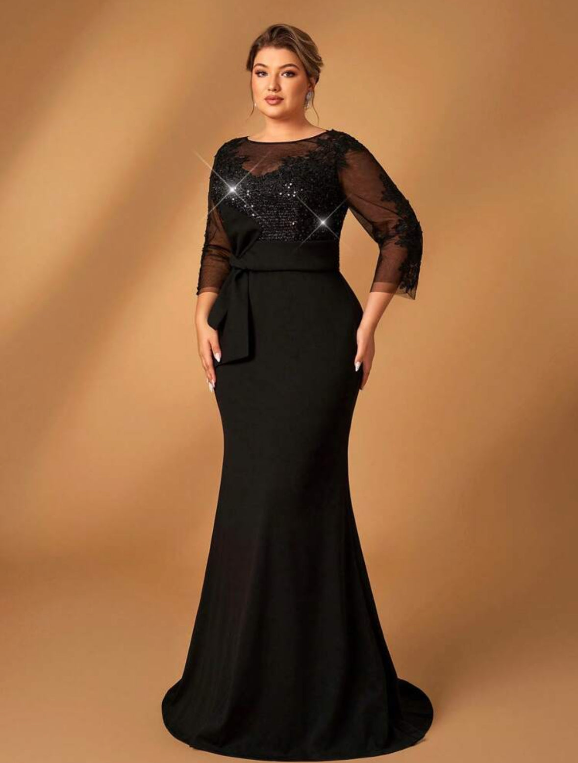 SHEIN Serin فستان ماكسي أنيق ترتر ودانتيل أسود