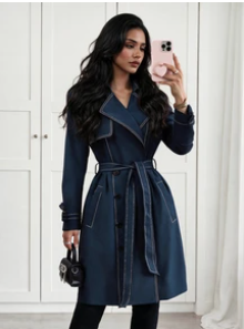 SHEIN Yalmera معطف ترنش نسائي بلون كحلي متوسط الطول بأزرار وحزام