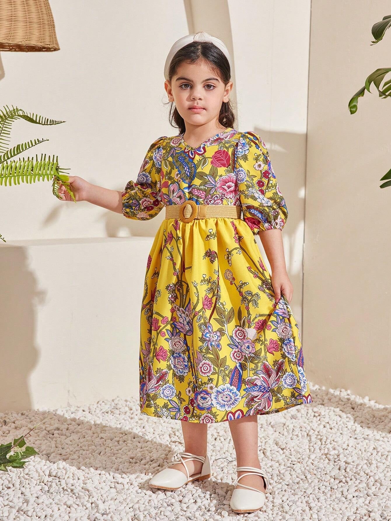 Young Girl Floral Printed V-Neck Puff Sleeve Dress