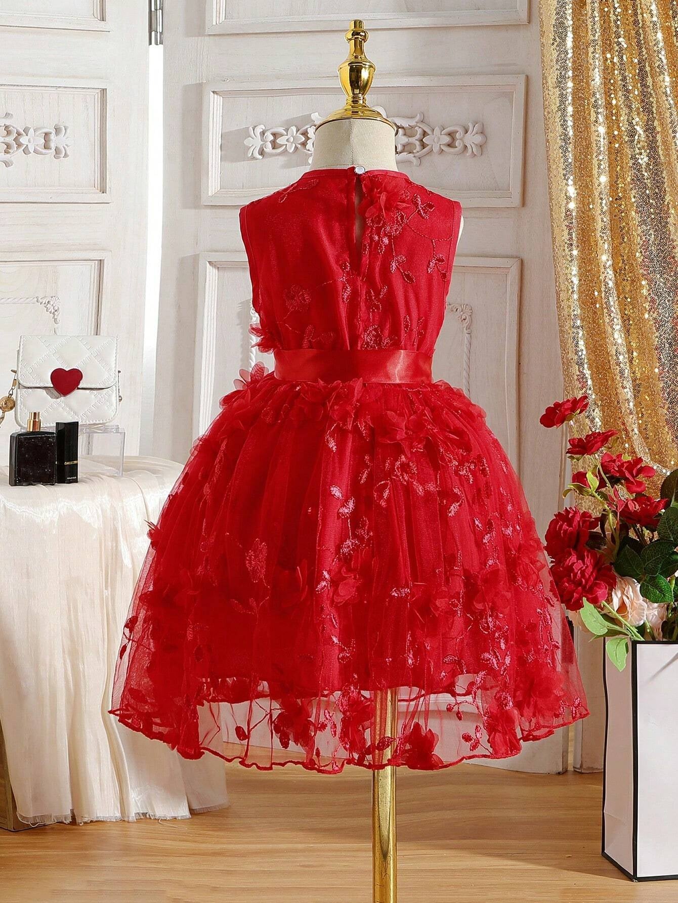 Young Girl, Red Sleeveless Princess Dress with Embroidered Mesh Patchwork