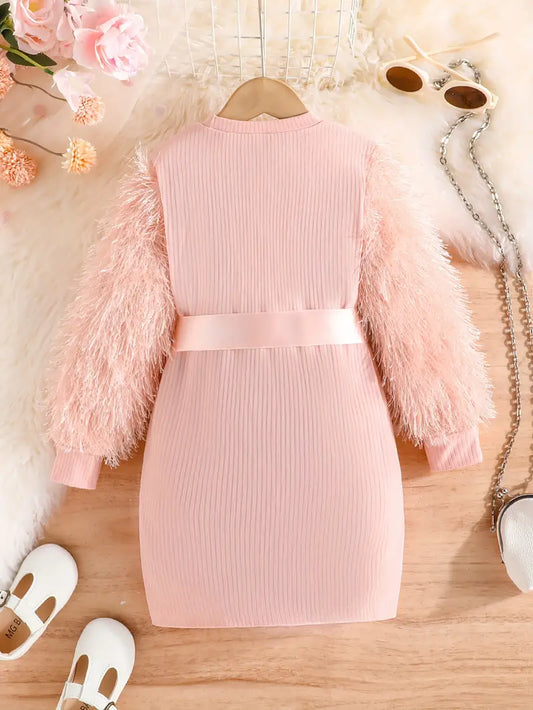 TEMU فستان بنات فتيات أنيق بياقة دائرية وأكمام طويلة، مثالي كهدية لفصلي الربيع والخريف