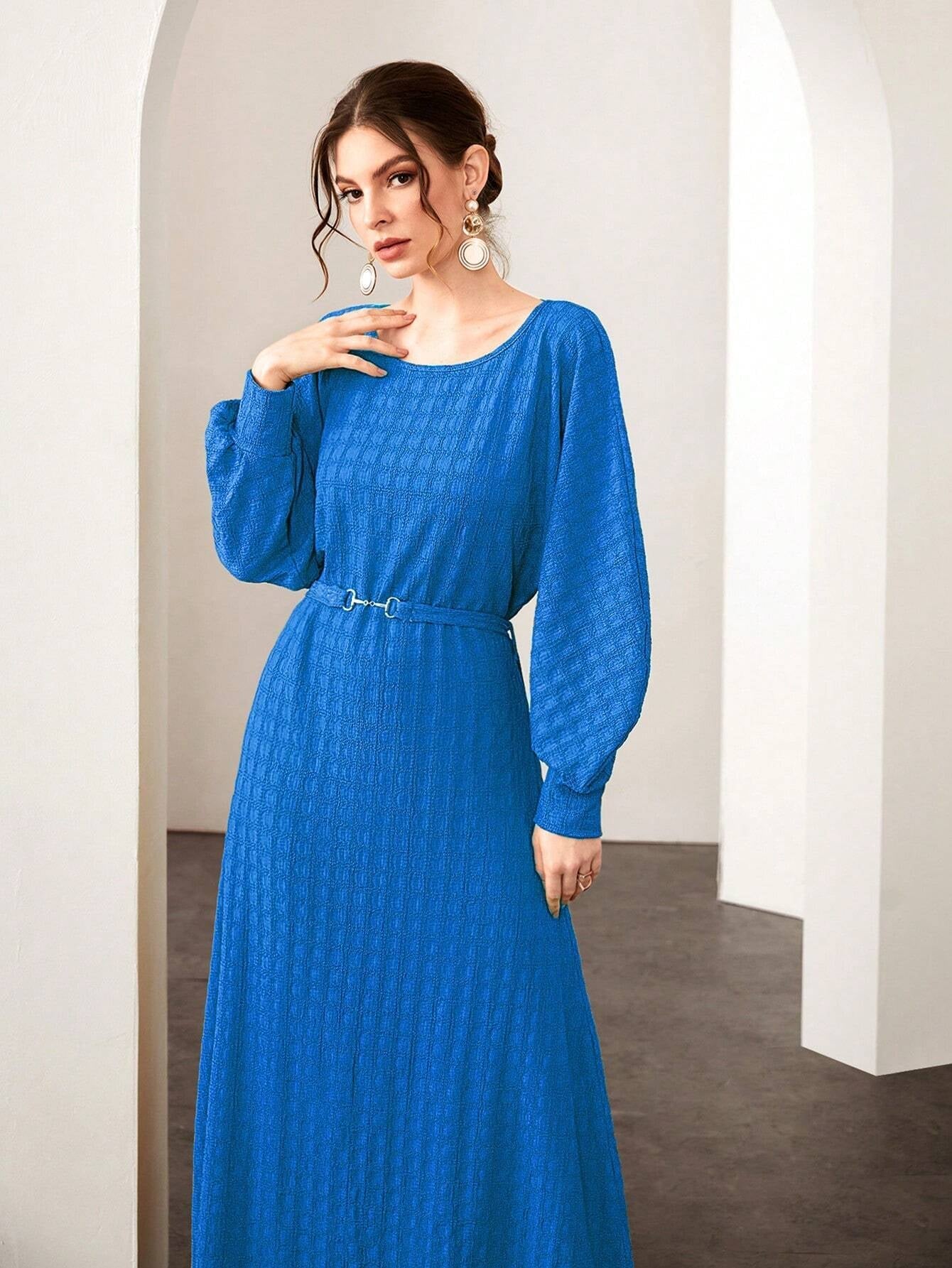 Modely Ladies' Textured Fabric Lantern Sleeve Arabic Style Dress with Waist Belt