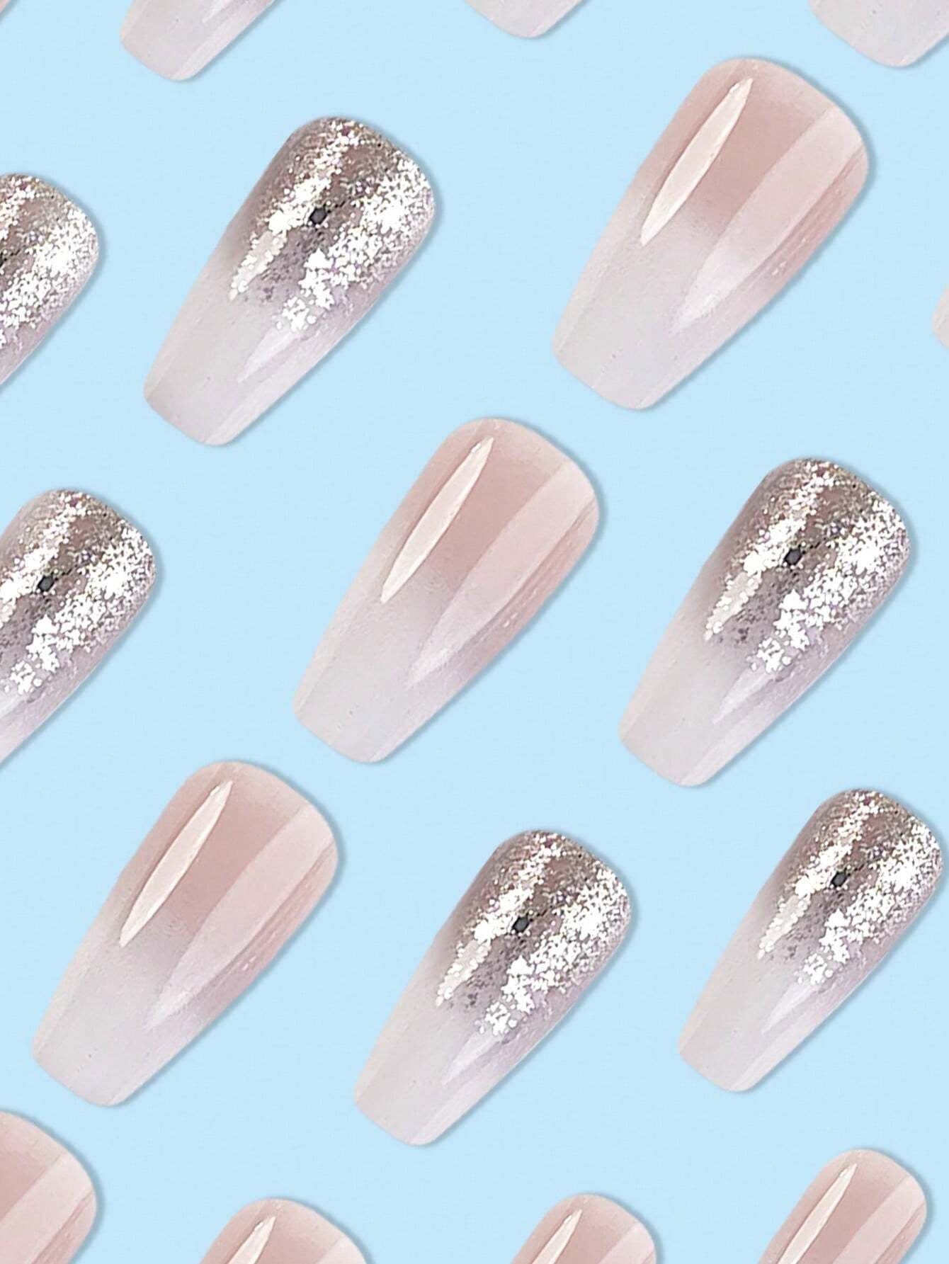 24Pcs Short Coffin Shape Pink Gradual Change Jelly Pink Nail Kit Suitable for Women and Girls