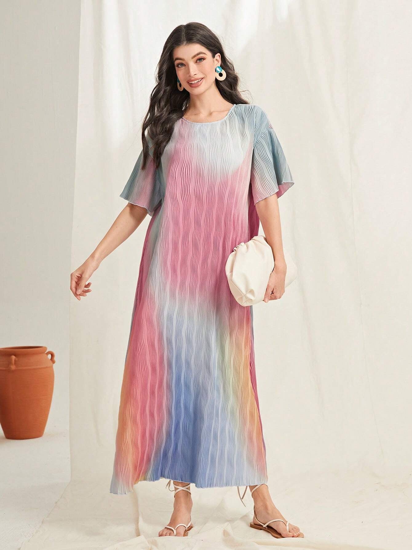 Mulvari Ombre Print Lettuce Trim Dress