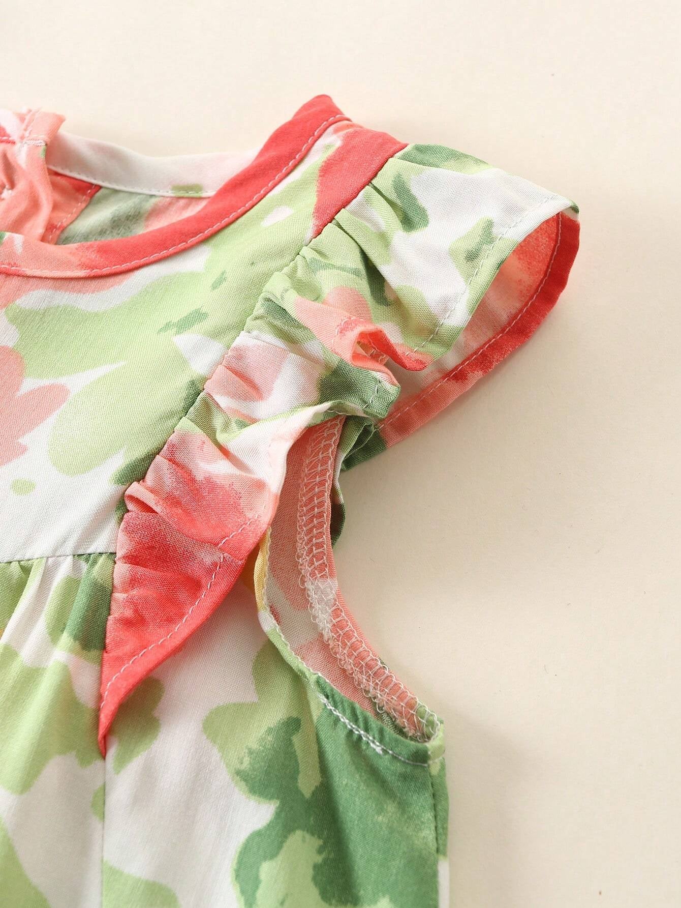 Baby Girl'S Full Print Floral Dress with Ruffled Hem and Headband