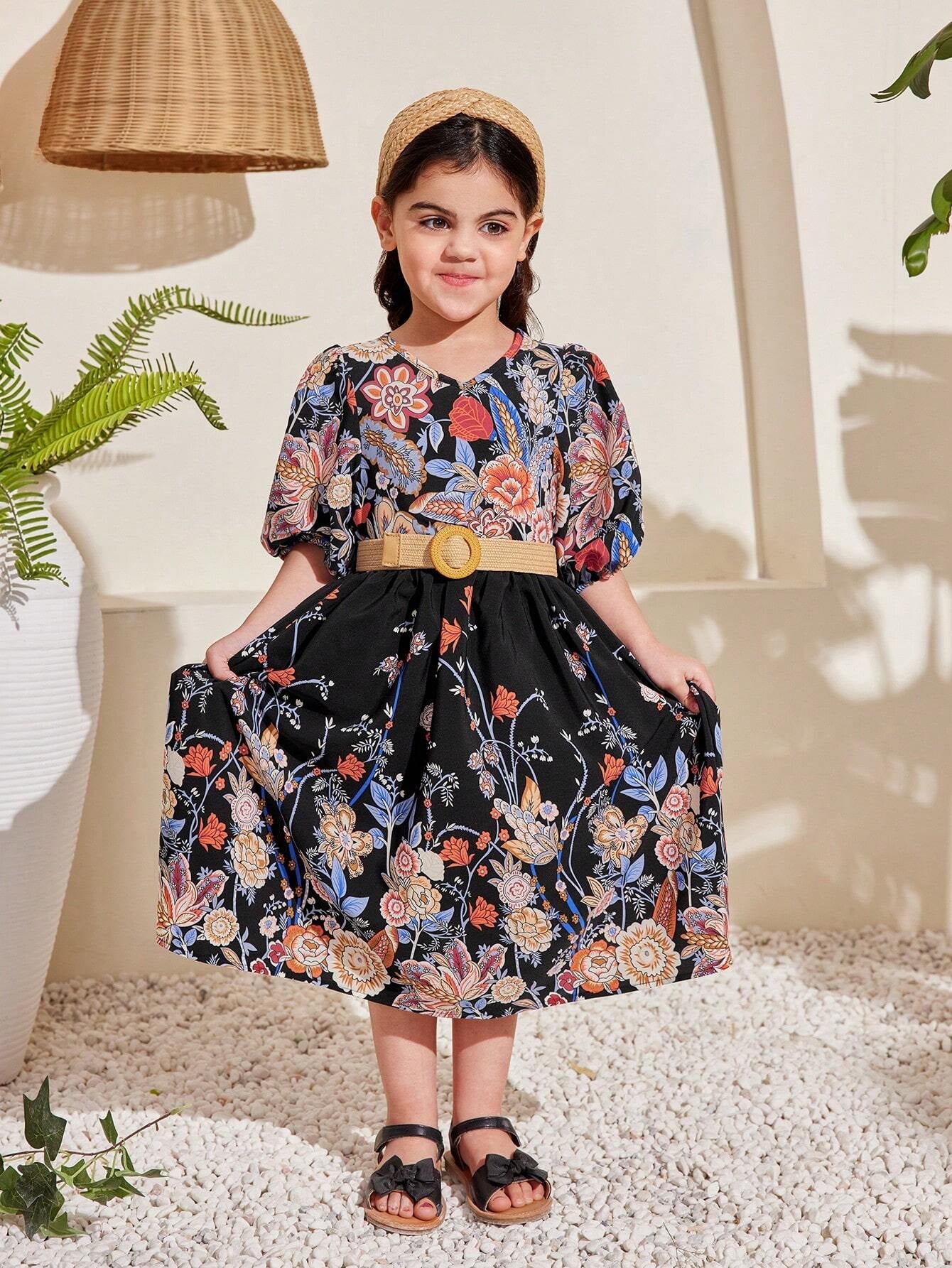 Young Girl Floral Printed V-Neck Puff Sleeve Dress
